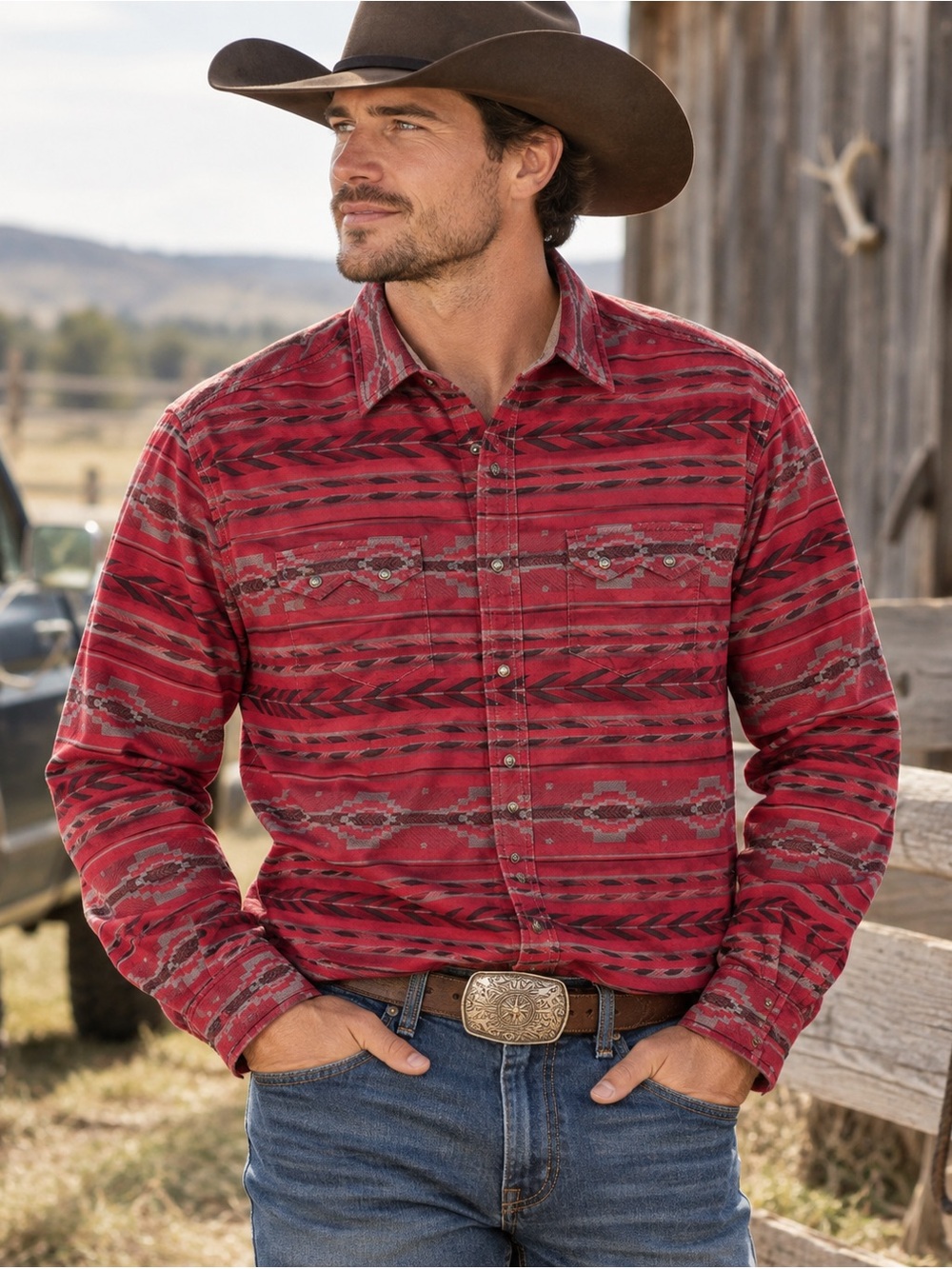 Ryan Michael Men Red Southwestern Buffalo Snap Western Rodeo Work Shirt Cotton L